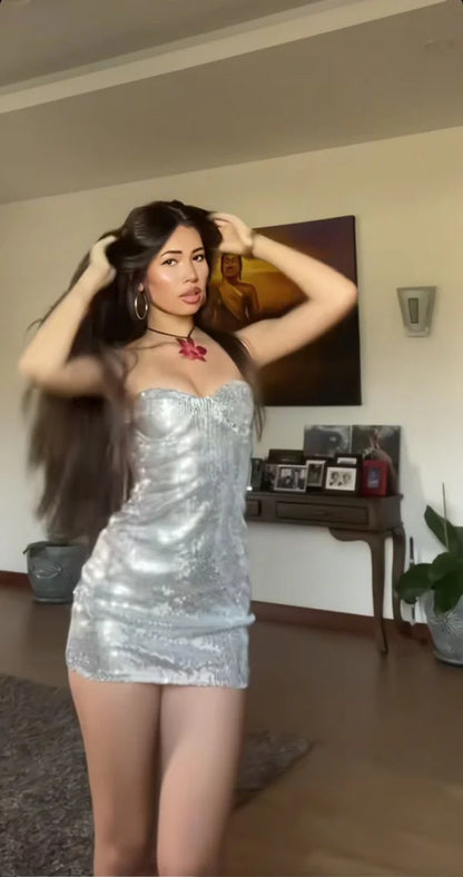 Dazzling Silver Sequin Sweetheart Bodycon Mini Homecoming Dress With Open Back AS800
