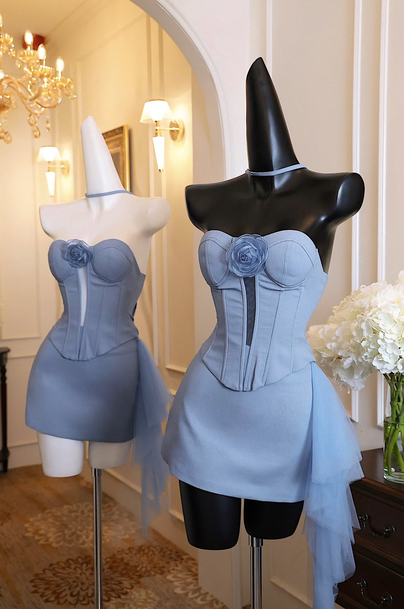 Elegant Blue Sweetheart Sheer Mesh Cutout Corset Two-Piece A Line Mini Homecoming Dress With Tulle Train And Removable Rose AS801