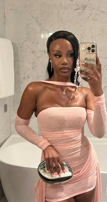 Alluring Blush Pink Strapless Sheer Mesh Ruched Bodycon Mini Dress With Floor Length Side Straps And Removable Sleeves AS802