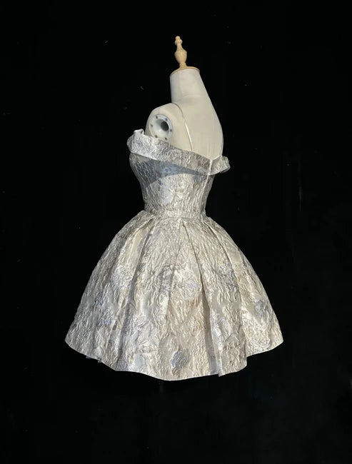 Regal Champagne Silver Off-The-Shoulder Jacquard A Line Short Homecoming Dress AS808