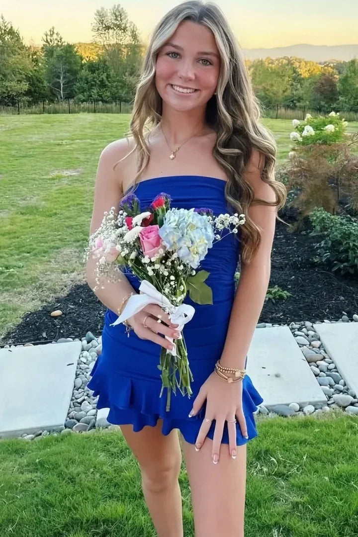 Chic Royal Blue Strapless Ruched Bodycon Mini Homecoming Dress With Ruffle Hem AS804