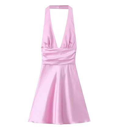 Charming Pink Halter Deep V Satin A Line Mini Homecoming Dress With Back Bow AS806