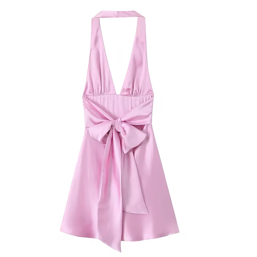 Charming Pink Halter Deep V Satin A Line Mini Homecoming Dress With Back Bow AS806