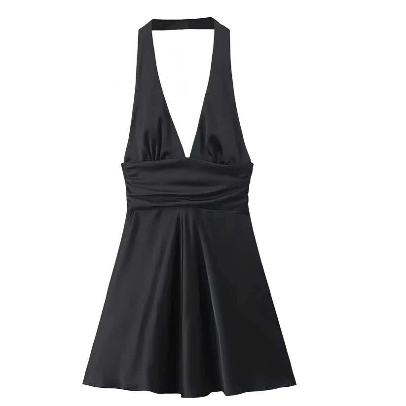 Charming Pink Halter Deep V Satin A Line Mini Homecoming Dress With Back Bow AS806