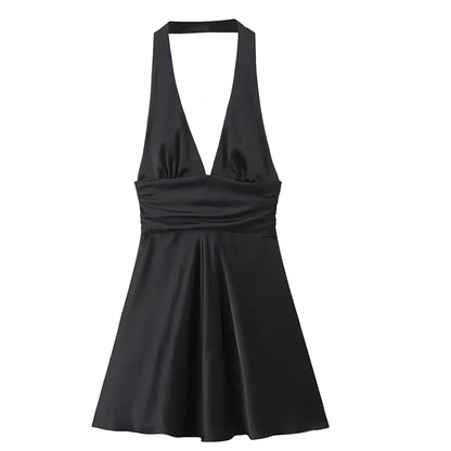 Charming Pink Halter Deep V Satin A Line Mini Homecoming Dress With Back Bow AS806