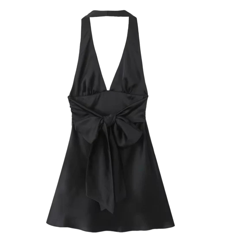 Charming Pink Halter Deep V Satin A Line Mini Homecoming Dress With Back Bow AS806