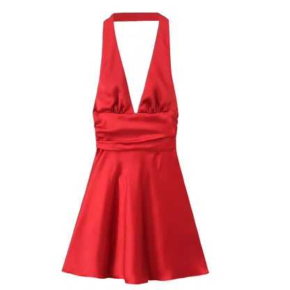 Charming Pink Halter Deep V Satin A Line Mini Homecoming Dress With Back Bow AS806