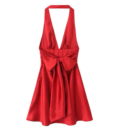 Charming Pink Halter Deep V Satin A Line Mini Homecoming Dress With Back Bow AS806