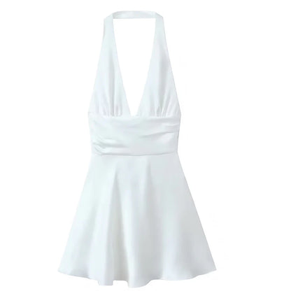 Charming Pink Halter Deep V Satin A Line Mini Homecoming Dress With Back Bow AS806