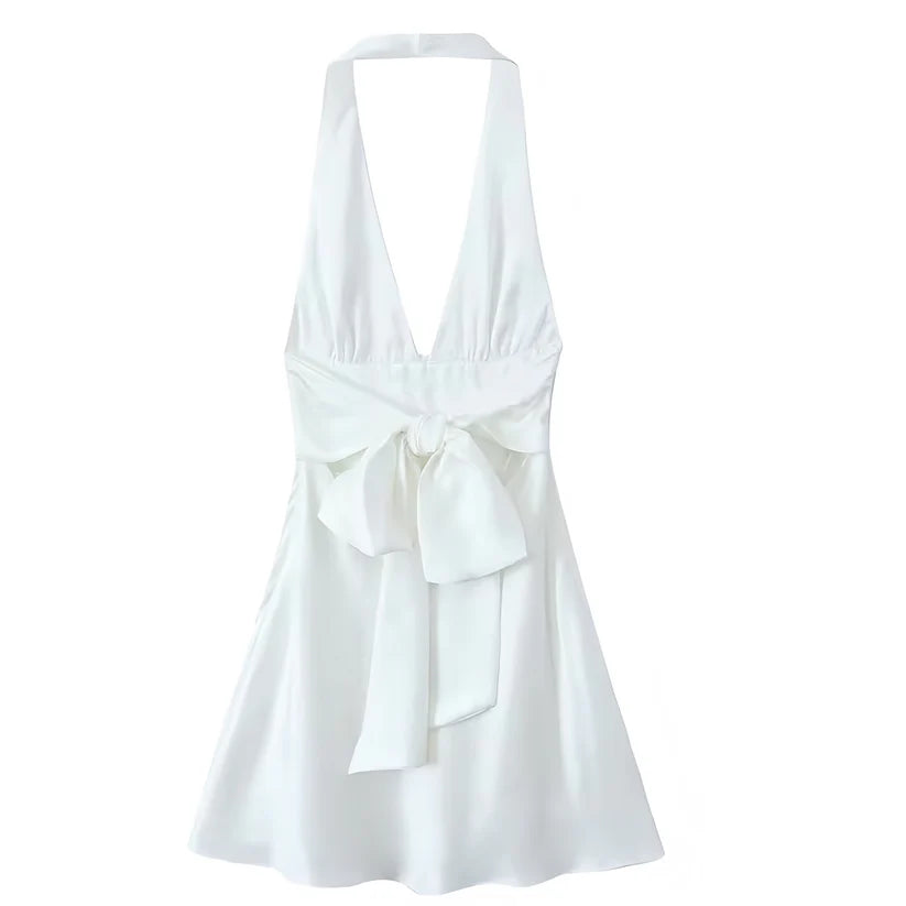 Charming Pink Halter Deep V Satin A Line Mini Homecoming Dress With Back Bow AS806