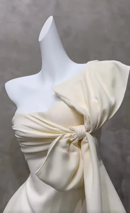Elegant Ivory Satin One-Shoulder A Line Mini Homecoming Dress With Side Bow AS807