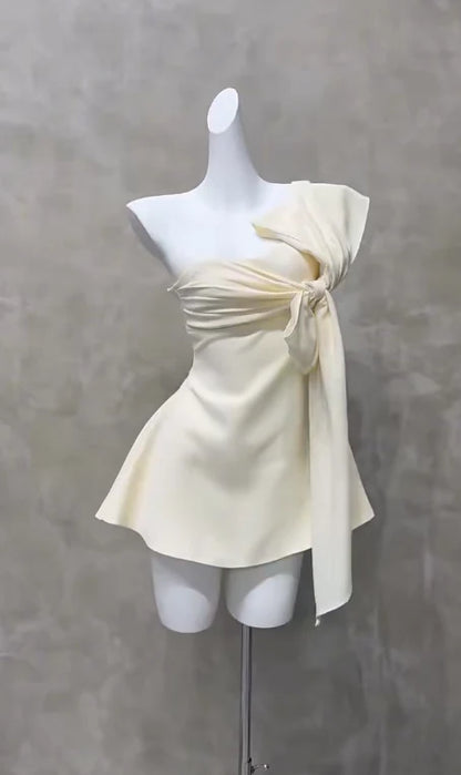 Elegant Ivory Satin One-Shoulder A Line Mini Homecoming Dress With Side Bow AS807