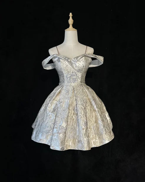 Regal Champagne Silver Off-The-Shoulder Jacquard A Line Short Homecoming Dress AS808
