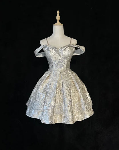 Regal Champagne Silver Off-The-Shoulder Jacquard A Line Short Homecoming Dress AS808