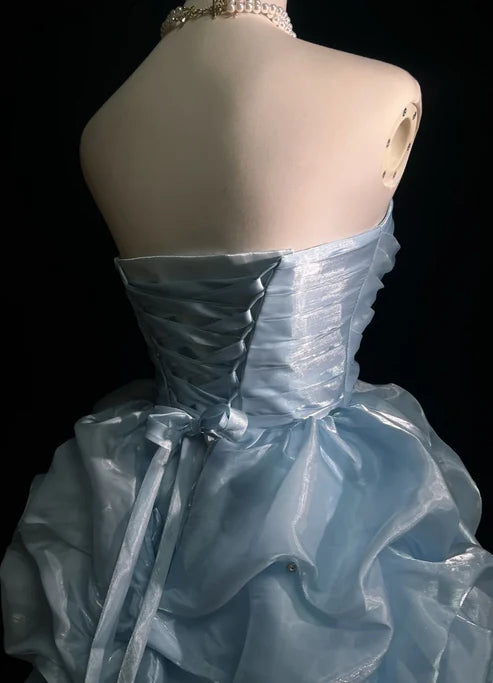 Whimsical Blue Strapless Organza A Line Puff Skirt Mini Homecoming Dress With Rhinestone Accents AS809