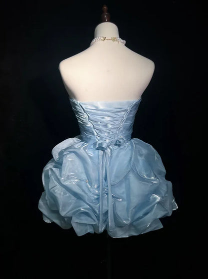 Whimsical Blue Strapless Organza A Line Puff Skirt Mini Homecoming Dress With Rhinestone Accents AS809