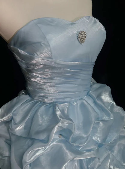 Whimsical Blue Strapless Organza A Line Puff Skirt Mini Homecoming Dress With Rhinestone Accents AS809