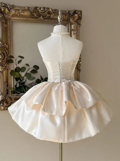 Elegant Ivory Satin Strapless Corset A Line Mini Homecmoing Dress With Tiered Ruffle Skirt AS810