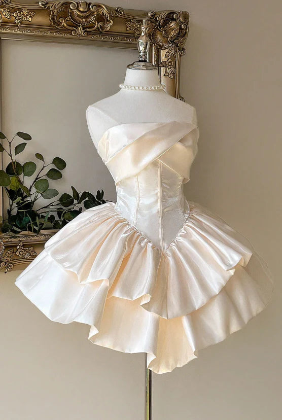 Elegant Ivory Satin Strapless Corset A Line Mini Homecmoing Dress With Tiered Ruffle Skirt AS810