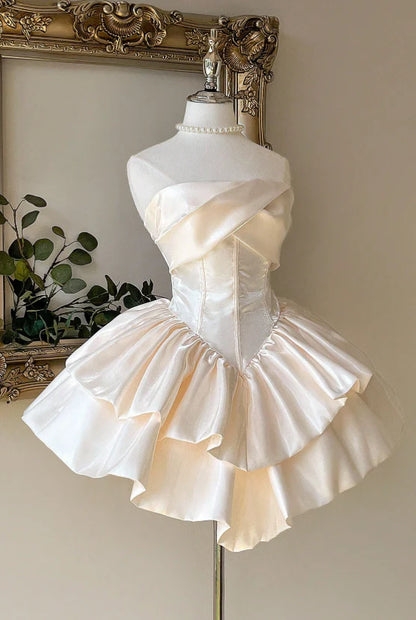 Elegant Ivory Satin Strapless Corset A Line Mini Homecmoing Dress With Tiered Ruffle Skirt AS810
