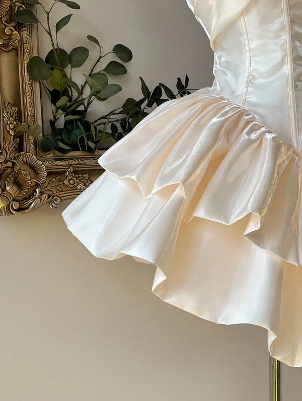 Elegant Ivory Satin Strapless Corset A Line Mini Homecmoing Dress With Tiered Ruffle Skirt AS810