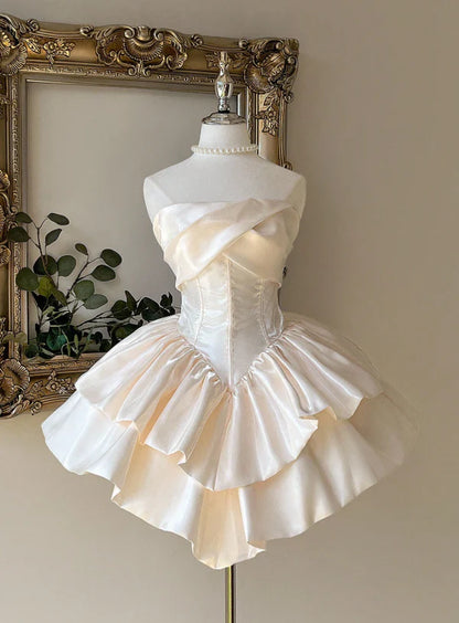 Elegant Ivory Satin Strapless Corset A Line Mini Homecmoing Dress With Tiered Ruffle Skirt AS810