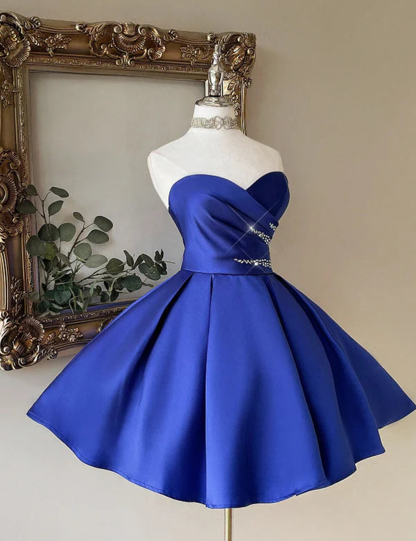 Regal Royal Blue Sweetheart Satin A Line Short Homecoming Dress With Beaded Waist Accent AS811