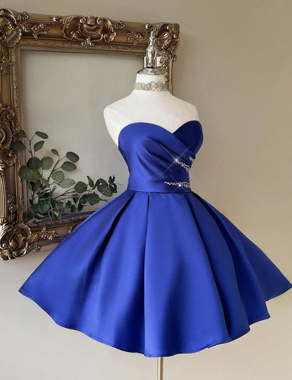 Regal Royal Blue Sweetheart Satin A Line Short Homecoming Dress With Beaded Waist Accent AS811