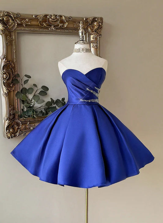 Regal Royal Blue Sweetheart Satin A Line Short Homecoming Dress With Beaded Waist Accent AS811