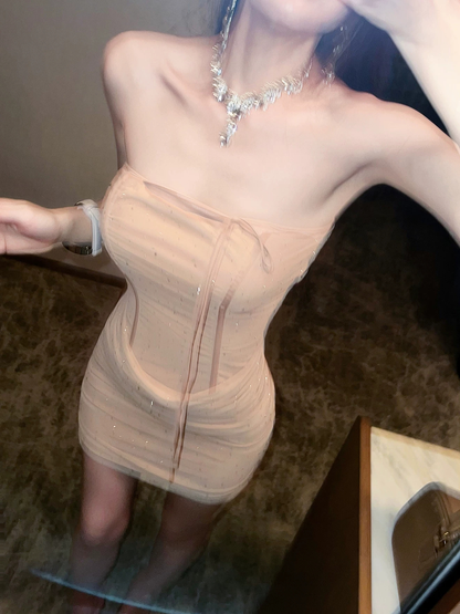 Alluring Nude Strapless Corset Rhinestone Embellishments Mini Bodycon Homecoming Dress With Ruched Skirt AS813