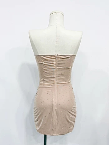 Alluring Nude Strapless Corset Rhinestone Embellishments Mini Bodycon Homecoming Dress With Ruched Skirt AS813