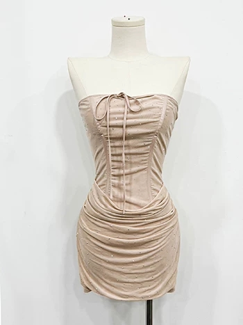 Alluring Nude Strapless Corset Rhinestone Embellishments Mini Bodycon Homecoming Dress With Ruched Skirt AS813
