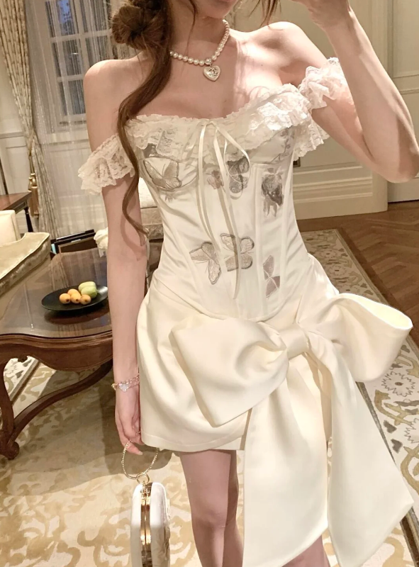 Enchanting Cream Ivory Lace Trim Off-The-Shoulder Corset Mini Bodycon Homecoming Dress With Butterfly Embroidery And Large Bow AS814