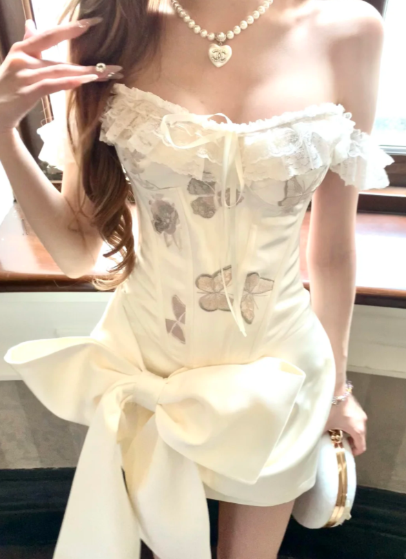 Enchanting Cream Ivory Lace Trim Off-The-Shoulder Corset Mini Bodycon Homecoming Dress With Butterfly Embroidery And Large Bow AS814