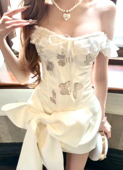 Enchanting Cream Ivory Lace Trim Off-The-Shoulder Corset Mini Bodycon Homecoming Dress With Butterfly Embroidery And Large Bow AS814