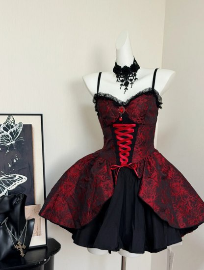 Enchanting Gothic Red Rose Jacquard Corset Spaghetti Straps A Line Short Homecoming Dress With Lace Trim,Lace-Up Front And Layered Skirt AS816