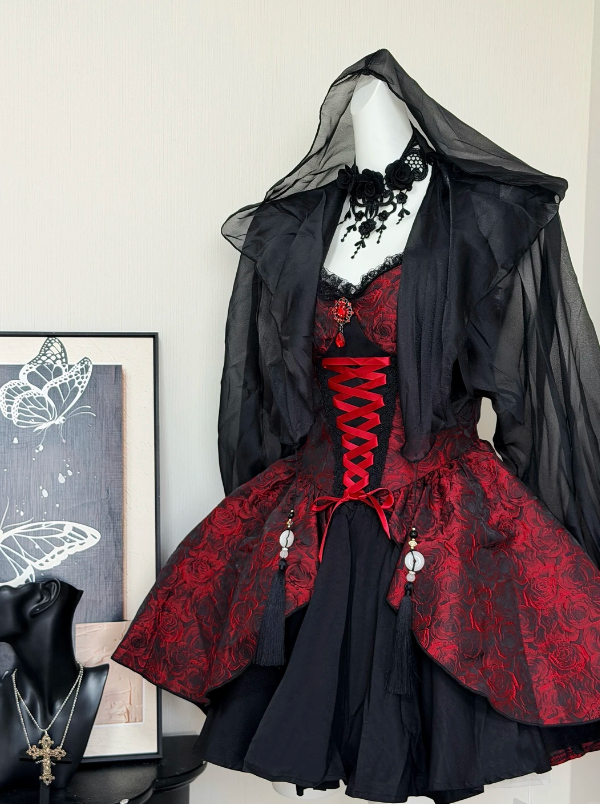 Enchanting Gothic Red Rose Jacquard Corset Spaghetti Straps A Line Short Homecoming Dress With Lace Trim,Lace-Up Front And Layered Skirt AS816