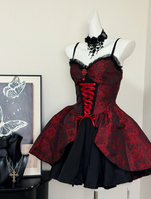 Enchanting Gothic Red Rose Jacquard Corset Spaghetti Straps A Line Short Homecoming Dress With Lace Trim,Lace-Up Front And Layered Skirt AS816