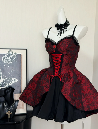 Enchanting Gothic Red Rose Jacquard Corset Spaghetti Straps A Line Short Homecoming Dress With Lace Trim,Lace-Up Front And Layered Skirt AS816