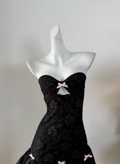 Whimsical Black Strapless Floral Embossed A-Line Short Homecoming Dress With Pink Bow Accents AS817