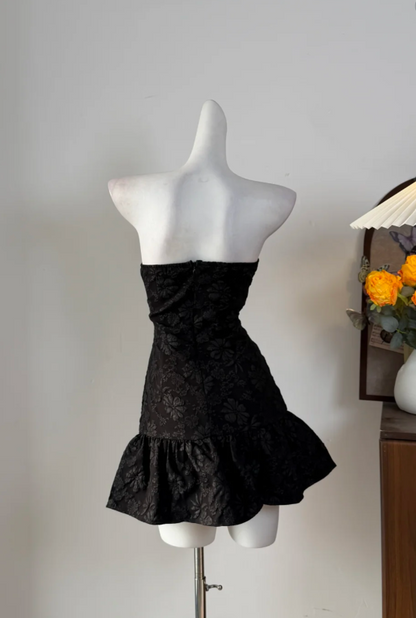 Whimsical Black Strapless Floral Embossed A-Line Short Homecoming Dress With Pink Bow Accents AS817