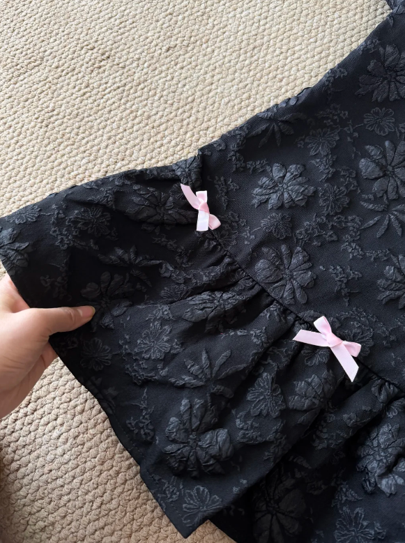 Whimsical Black Strapless Floral Embossed A-Line Short Homecoming Dress With Pink Bow Accents AS817
