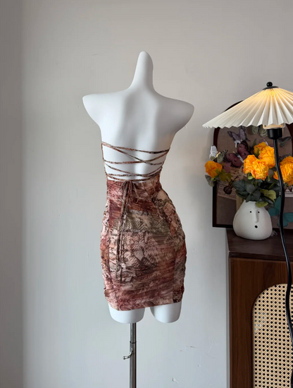 Chic Earthy Snake Print Strapless Mesh Bodycon Mini Homecoming Dress AS818