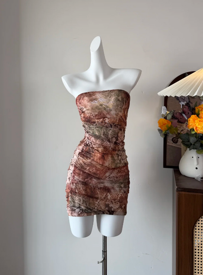 Chic Earthy Snake Print Strapless Mesh Bodycon Mini Homecoming Dress AS818