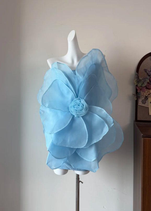 Whimsical Navy Blue One Shoulder Organza 3D Flower Bodycon Mini Homecoming Dress AS819