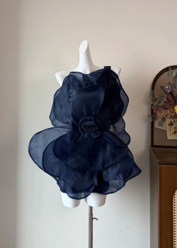 Whimsical Navy Blue One Shoulder Organza 3D Flower Bodycon Mini Homecoming Dress AS819