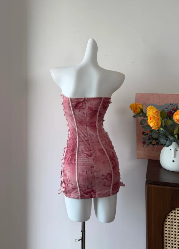 Chic Strapless Pink Printed Corset Bodycon Mini Homecoming Dress With Lace-Up Front And Side Details AS820