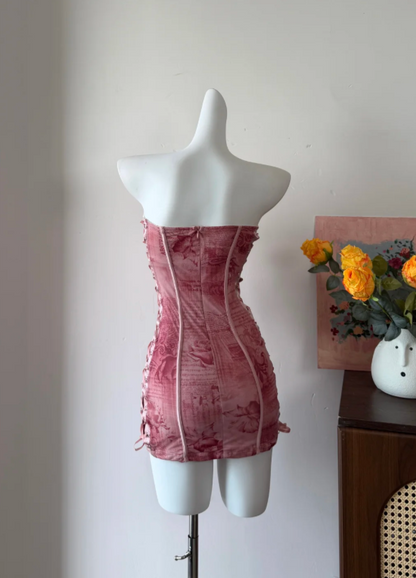 Chic Strapless Pink Printed Corset Bodycon Mini Homecoming Dress With Lace-Up Front And Side Details AS820