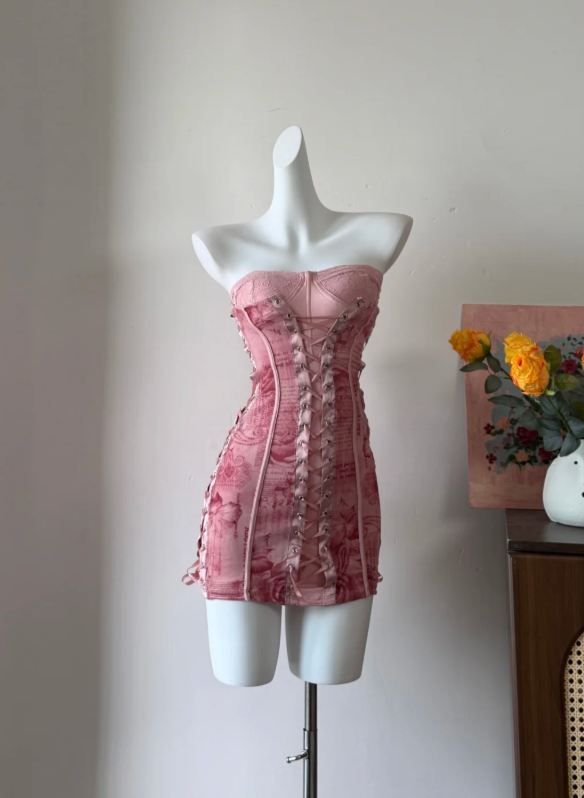 Chic Strapless Pink Printed Corset Bodycon Mini Homecoming Dress With Lace-Up Front And Side Details AS820