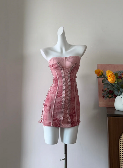Chic Strapless Pink Printed Corset Bodycon Mini Homecoming Dress With Lace-Up Front And Side Details AS820